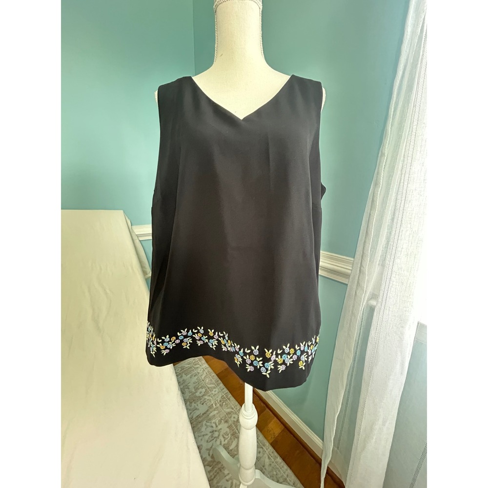 Perceptions by Irene B Black Floral Embroidered V-Neck Sleeveless Blouse 16W